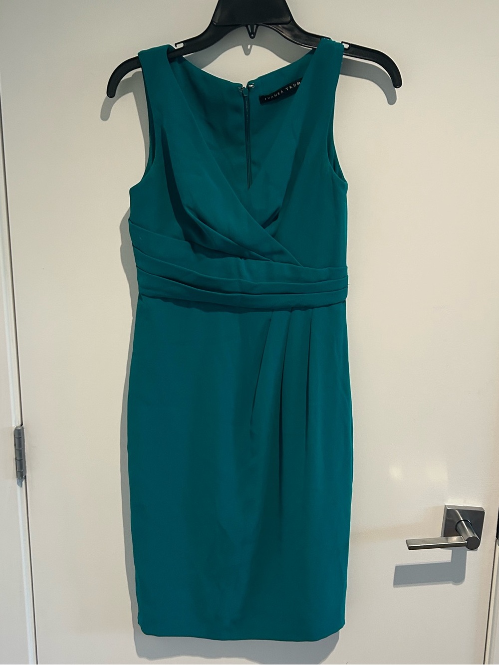 Ivanka Trump Teal Sleeveless Faux-Wrap Sheath Dress
